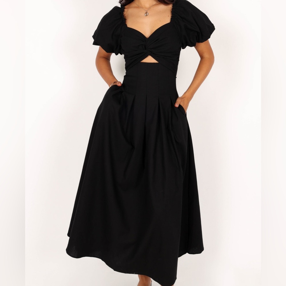 Petal + Pup Maria Puff Sleeve Black Midi Dress
